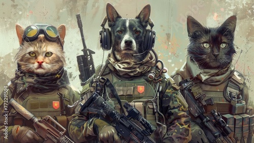 Animals dressed in military gear with weapons - Animal commando team geared up for a covert mission, canine and feline soldiers with firearms and tactical equipment