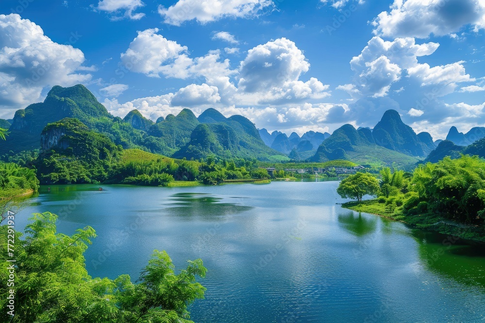 Majestic karst mountains over a calm lake - Stunning landscape of karst mountains towering over a peaceful lake with vibrant green foliage under a clear blue sky