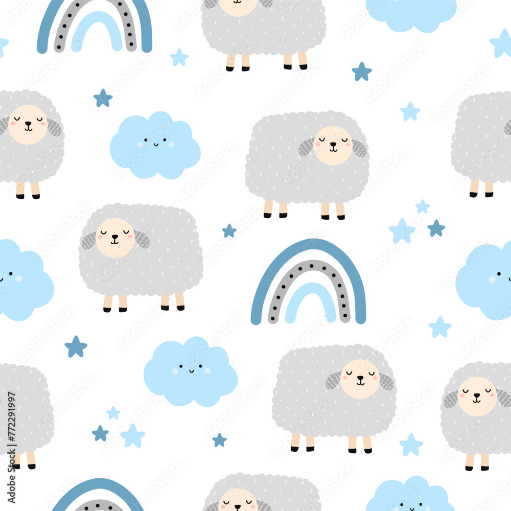 Seamless pattern with cute lamb and weather, cloud, rainbow, star for your fabric, children textile, apparel, nursery decoration, gift wrap paper. Vector illustration Seamless pattern with cute lamb and weather, cloud, rainbow, star for your fabric, children textile, apparel, nursery decoration, gift wrap paper. Vector illustration