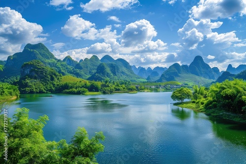 Majestic karst mountains over a calm lake - Stunning landscape of karst mountains towering over a peaceful lake with vibrant green foliage under a clear blue sky © Mickey