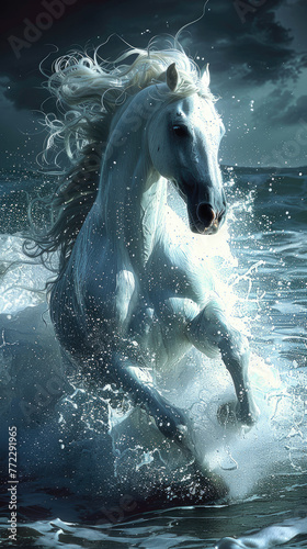 Majestic white horse galloping in the ocean - Mystic image of a white horse with flowing mane galloping powerfully through ocean waters under stormy skies