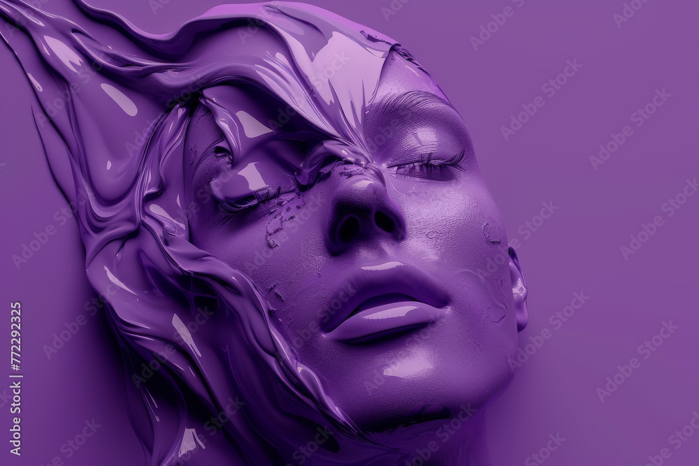A woman's face is painted purple and has a lot of paint on it. The painting is abstract and has a dreamy, surreal quality to it A woman's face is painted purple and has a lot of paint on it. The painting is abstract and has a dreamy, surreal quality to it