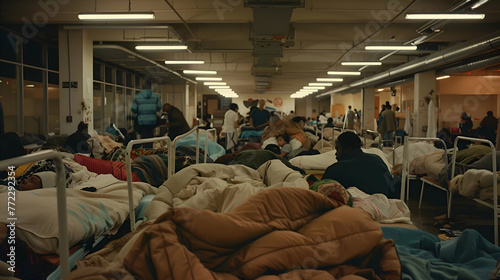 A homeless shelter overcrowded with people seeking refuge photo