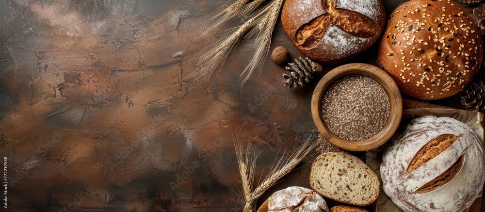 A variety of freshly baked bread and pastries arranged on a rustic table, showcasing a delicious selection of baked goods. A variety of freshly baked bread and pastries arranged on a rustic table, showcasing a delicious selection of baked goods.