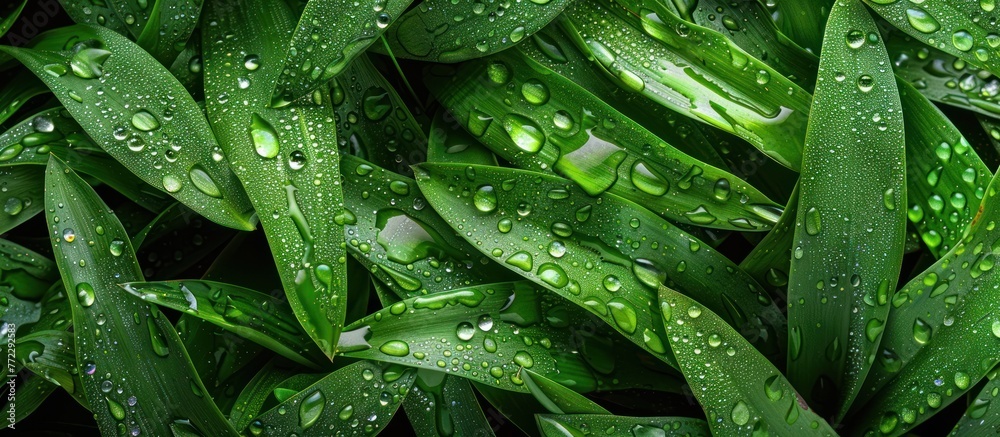 Close-up of a cluster of vibrant green leaves covered in glistening water droplets, showcasing the beauty of nature after a rainfall. Close-up of a cluster of vibrant green leaves covered in glistening water droplets, showcasing the beauty of nature after a rainfall.