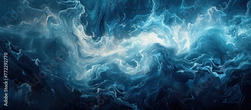 Abstract painting featuring intricate blue and white swirls on a stark black background, creating a striking visual contrast.