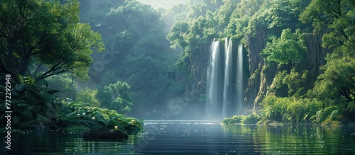 A majestic waterfall flows through a dense green forest, surrounded by tall trees and vibrant vegetation. The water cascades down rocks, creating a serene and tranquil scene in nature.
