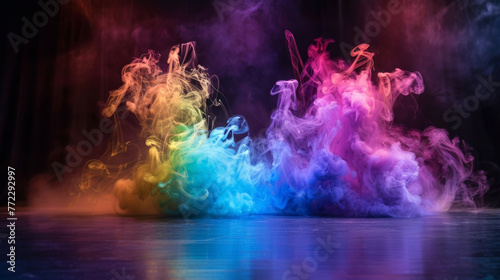 Wisps of colored smoke intertwining in an elegant dance on a black stage