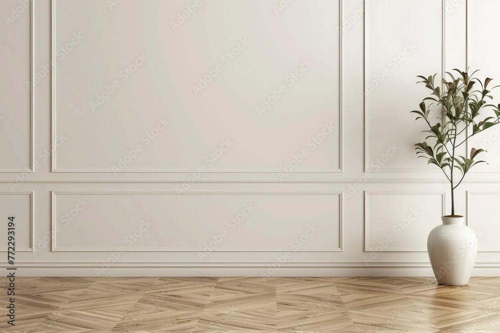 White classic wall background, brown parquet floor, home furniture detail, frame and vase of plant - generative ai - obrazy, fototapety, plakaty 