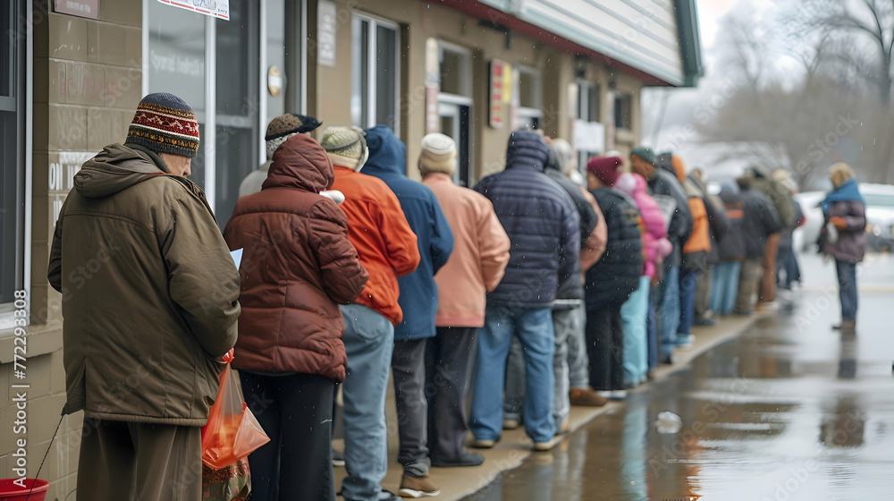 A line of people waiting outside a food bank for assistance