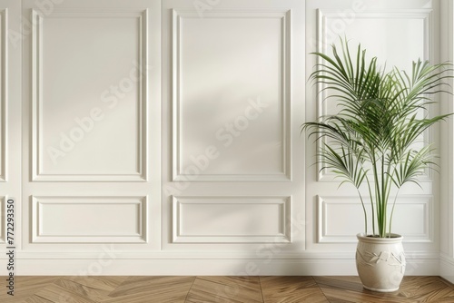 White classic wall background  brown parquet floor  home furniture detail  frame and vase of plant - generative ai