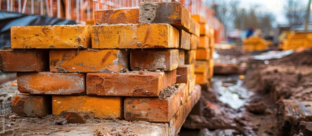 A pile of solid clay bricks stacked neatly on top of a mound of dirt in a construction site. A pile of solid clay bricks stacked neatly on top of a mound of dirt in a construction site.