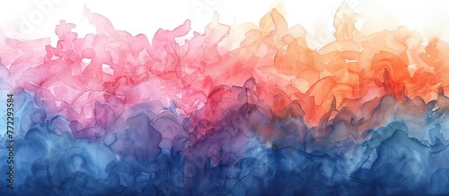 An abstract painting featuring vibrant blue, orange, and pink colors blending with fluid watercolor wash on paper.