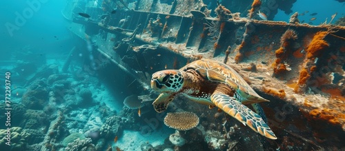 A Hawksbill turtle gracefully swims in front of the  shipwreck exploring the underwater archaeological site.