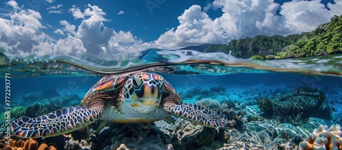 A hawksbill turtle gracefully swims over a vibrant coral reef, showcasing the diverse marine life in the area. photo