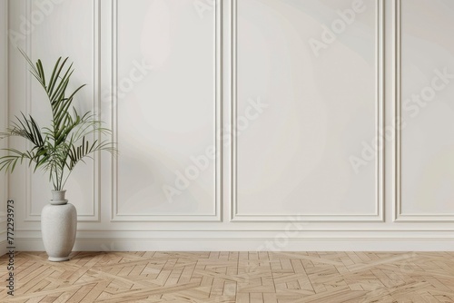 White classic wall background, brown parquet floor, home furniture detail, frame and vase of plant - generative ai photo