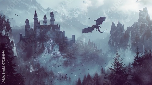 Fantasy mountain landscape, castle in the mountains, flying dragon.