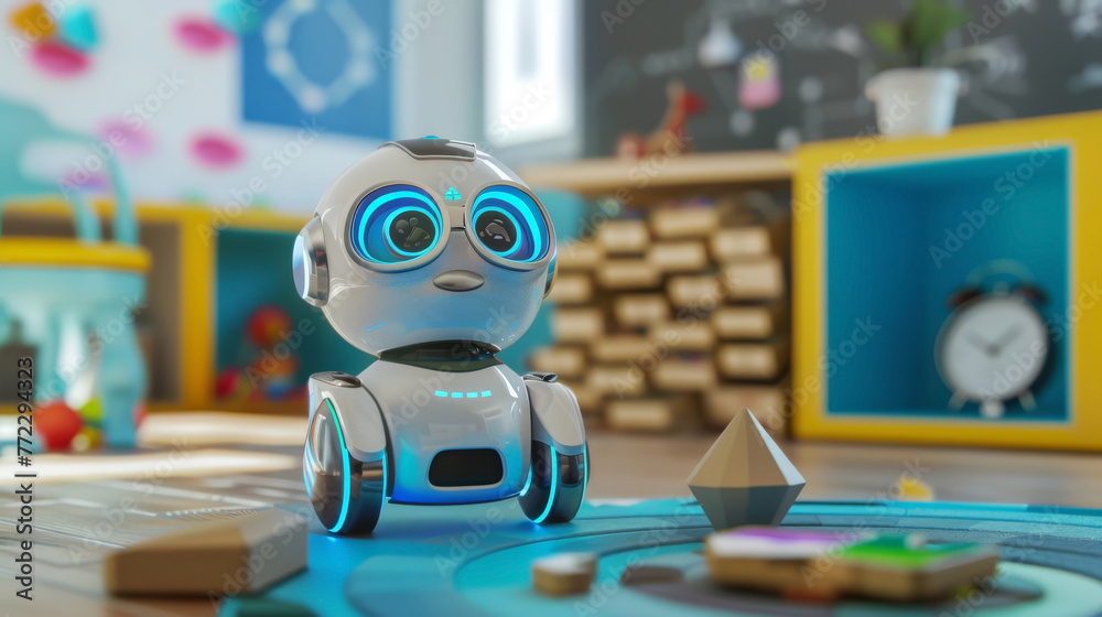 Educational robot teaching 3D shapes to children, futuristic learning Educational robot teaching 3D shapes to children, futuristic learning