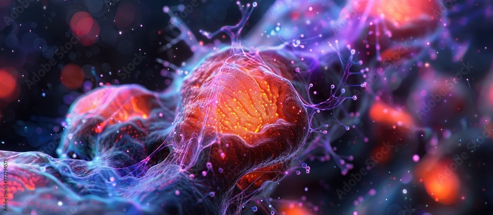 Detailed view of red and blue ependymal cells in the third ventricle. Detailed view of red and blue ependymal cells in the third ventricle.