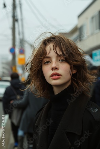 A woman with a messy hairdo is standing on a street with a black coat © hakule