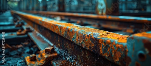 A weathered metal bench covered in rust sitting atop a disused train track, showcasing decay and abandonment in an industrial setting.