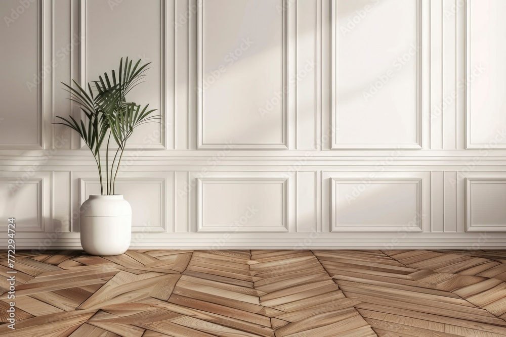 White classic wall background, brown parquet floor, home furniture detail, frame and vase of plant - generative ai