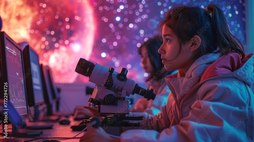 A girl is standing and looking attentively through a telescope focused on a computer screen. She appears to be engaged in studying or observing something displayed on the screen