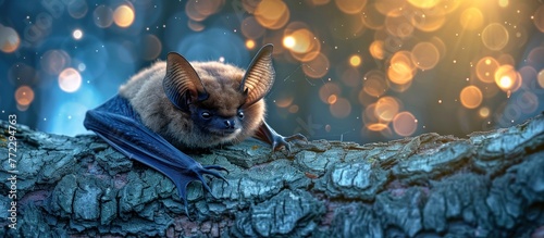 A bat with spread wings perched on a tree branch in daylight. © FryArt Studio