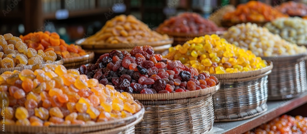 Different types of colorful candies neatly arranged in multiple baskets, creating a vibrant and enticing display.