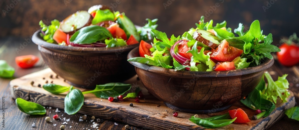 Two wooden bowls filled with fresh salad ingredients resting on a rustic wooden cutting board.
