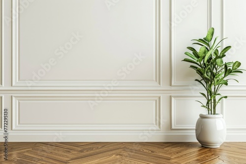 White classic wall background, brown parquet floor, home furniture detail, frame and vase of plant - generative ai