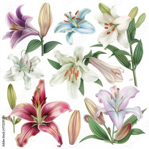 Clip art illustration with various types of Lily on a white background. 