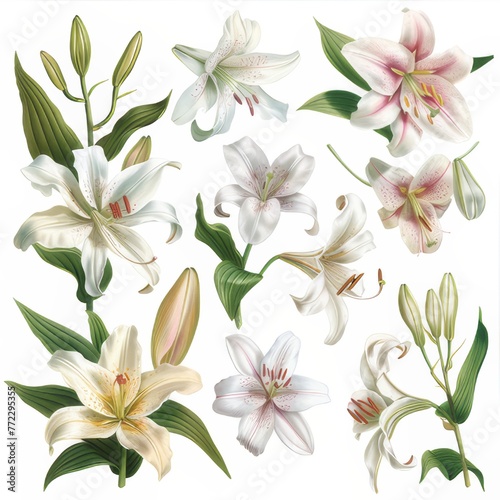 Clip art illustration with various types of Lily on a white background. 