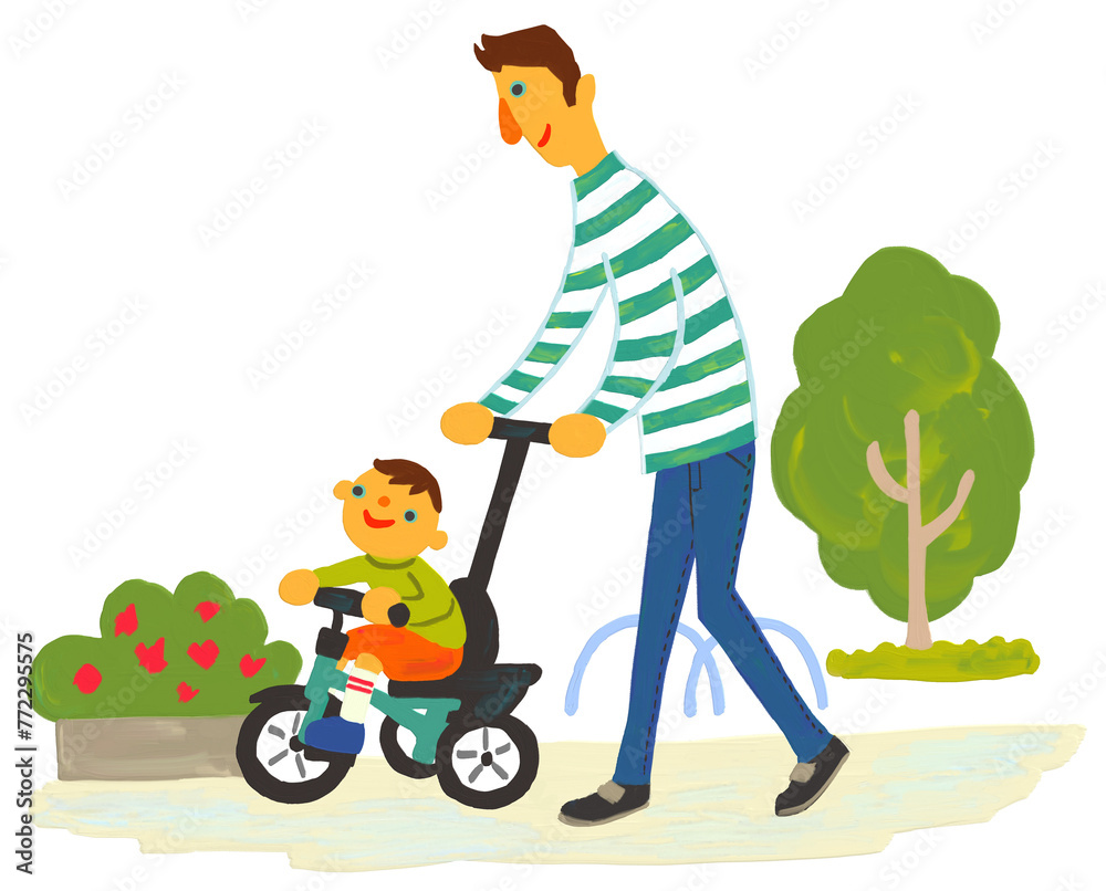 Parents and children walking in the park on tricycles.