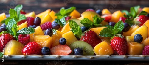 A platter featuring various fresh fruits garnished with vibrant mint leaves, presented in an appealing arrangement.