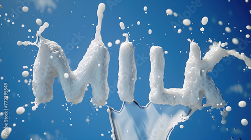 The word "MILK" is made of white milk, splashing in the air, with a blue background. The letters are clearly visible and surrounded by flowing liquid. © Kien