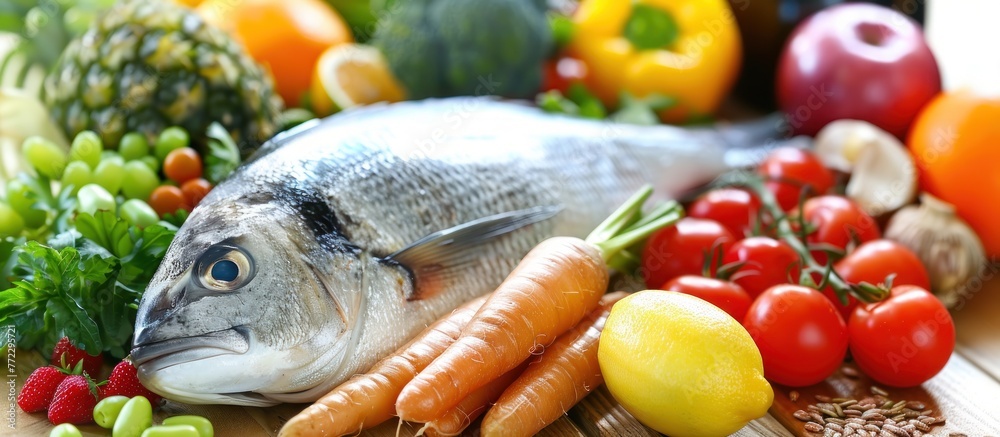 A variety of colorful and nutritious foods including fish, carrots, lemons, tomatoes, and assorted fruits and vegetables displayed together. A variety of colorful and nutritious foods including fish, carrots, lemons, tomatoes, and assorted fruits and vegetables displayed together.