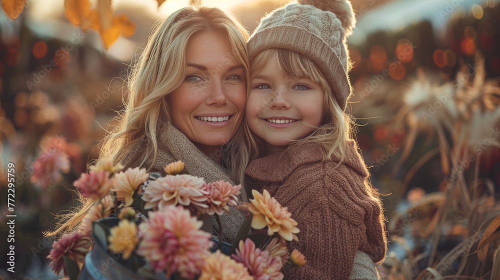 A woman and a child are posing for a picture in a field of flowers A woman and a child are posing for a picture in a field of flowers