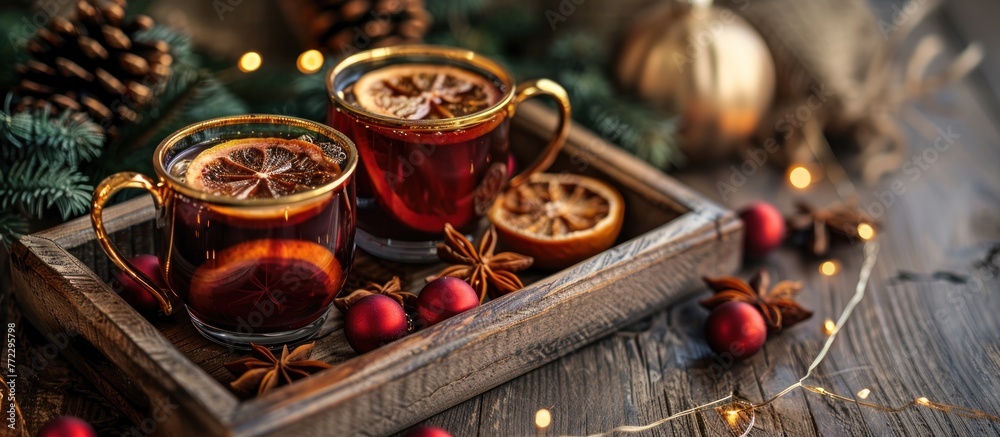 Two mugs filled with mulled tea, garnished with cinnamon sticks, placed on a tray. Two mugs filled with mulled tea, garnished with cinnamon sticks, placed on a tray.
