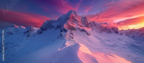 A majestic mountain covered in snow stands under a colorful sunset sky, creating a stunning natural scene.