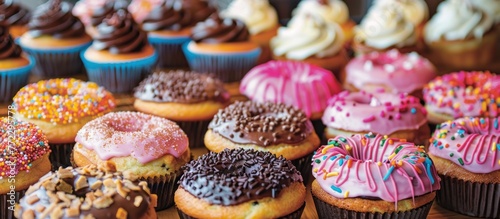Assortment of various types of cupcakes and donuts displayed on a table.