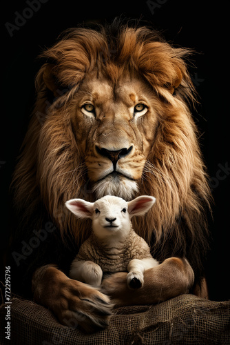 The Lion and the Lamb on black background