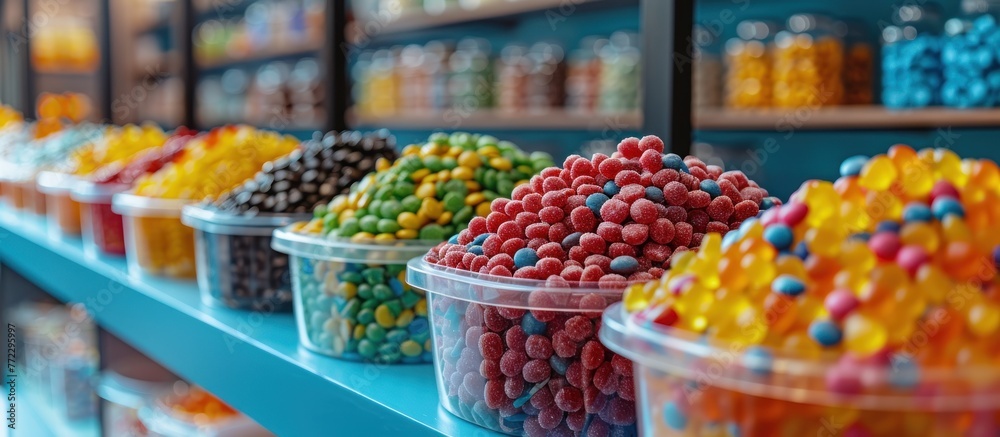 A row of plastic containers filled with an assorted display of colorful candies and sweets.