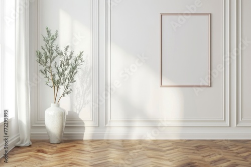 White classic wall background  brown parquet floor  home furniture detail  frame and vase of plant - generative ai