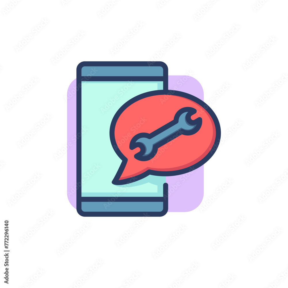 Wrench in speech bubble and smartphone thin line icon. Chat, consultation, service outline sign. Repair and maintenance concept. Vector illustration symbol element for web design and apps Wrench in speech bubble and smartphone thin line icon. Chat, consultation, service outline sign. Repair and maintenance concept. Vector illustration symbol element for web design and apps