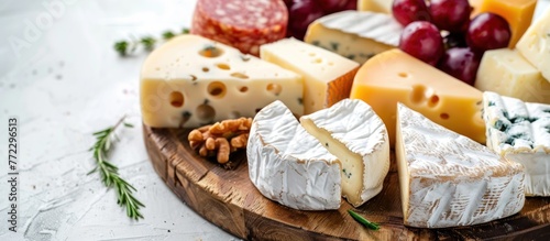 A variety of gourmet cheeses beautifully arranged on a wooden platter, creating a visually appealing and appetizing display.