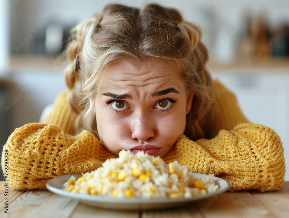 A woman is sitting at a table with a plate of food in front of her A woman is sitting at a table with a plate of food in front of her