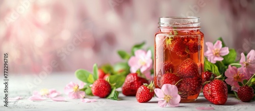 A glass jar filled with a luscious strawberry tea drink sits on a table.