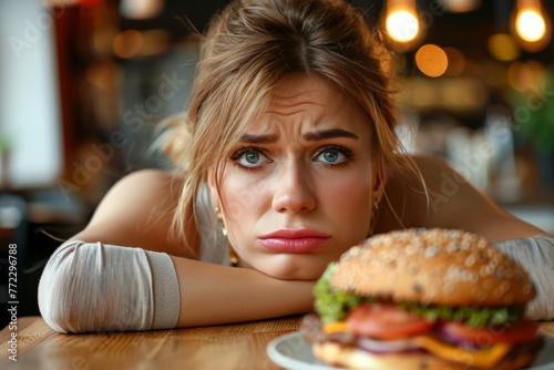 A woman is sitting at a table with a large sandwich in front of her