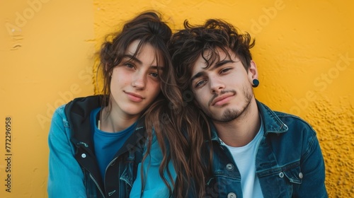 a man and woman leaning against a yellow wall